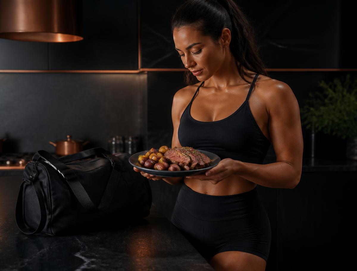 Deportista con un plato DM FIT de carne magra y papines andinos, listo para comer
