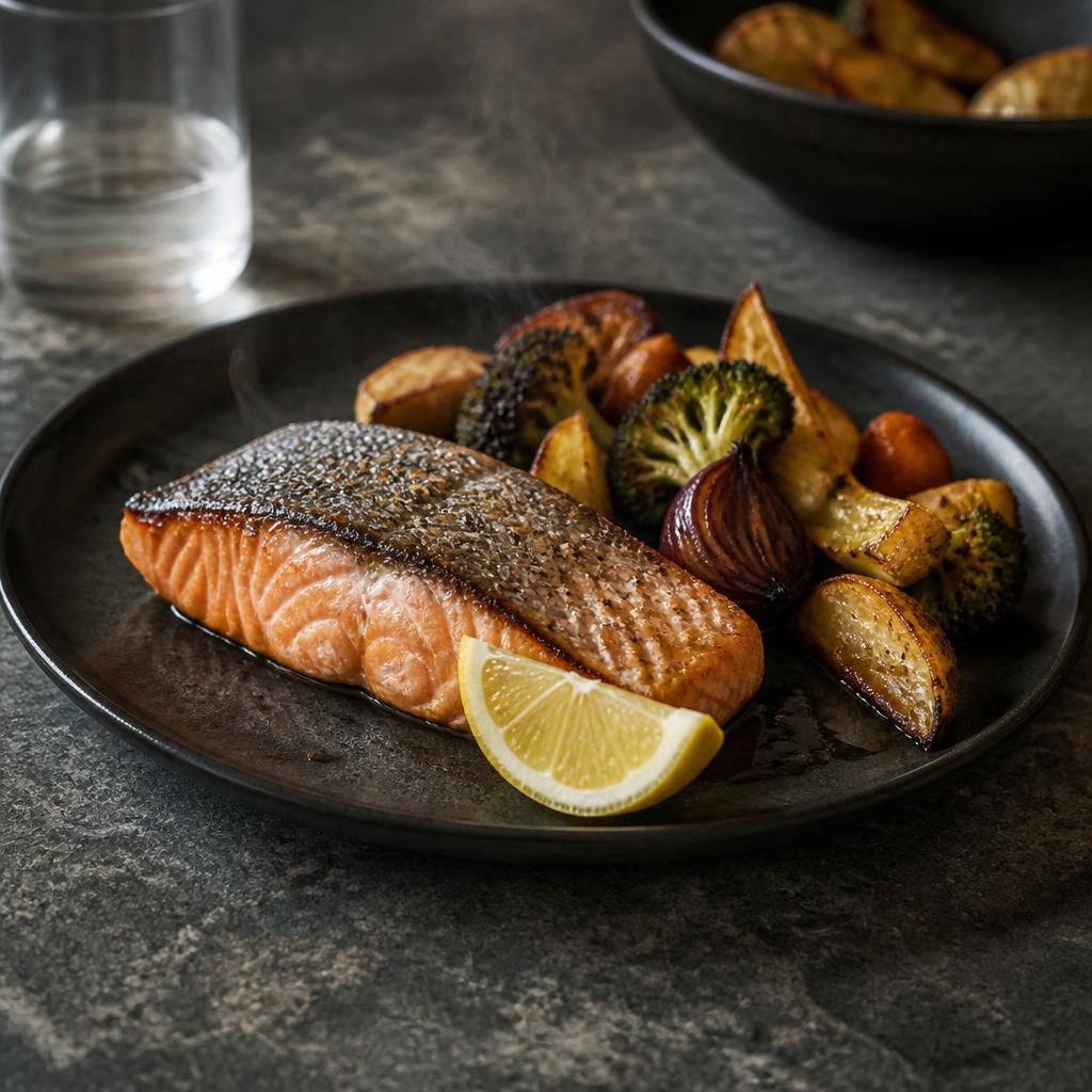Salmón grillado con vegetales asados