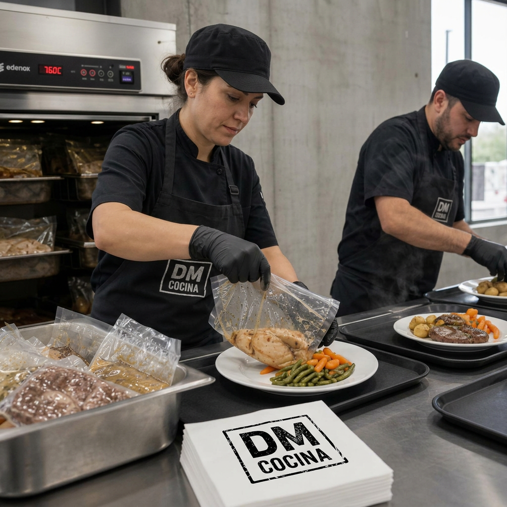 Equipo de cocina regenerando y emplatando comida desde bolsas de envasado al vacío de DM Cocina