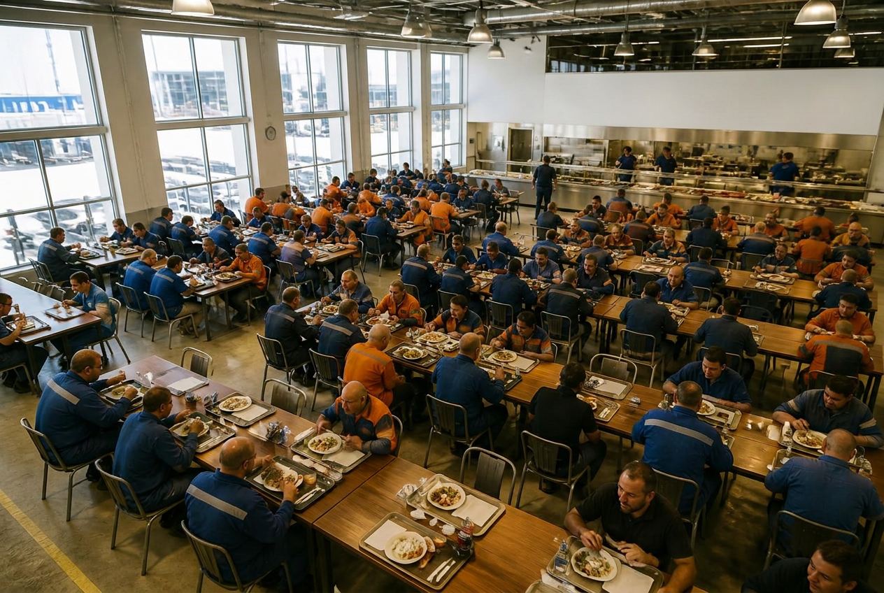Vista aérea de un comedor fabril completo con empleados almorzando platos de DM Cocina