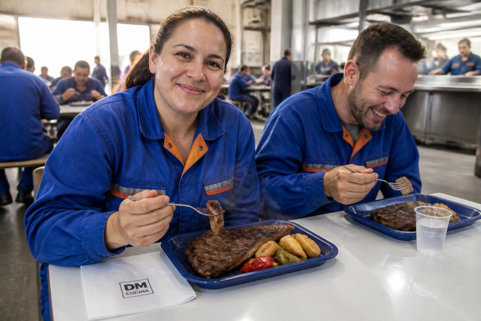 Operaria sonriendo a cámara con su plato de DM Cocina en el comedor de planta